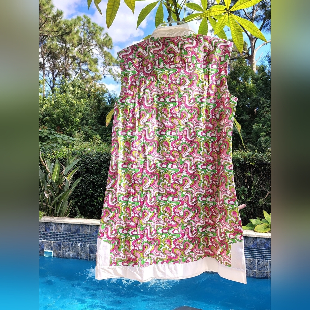 NWT TIZZIE PINK GREEN MOD SPLIT NECK COTTON DRESS with POCKETS WOMEN'S Sz XL. - Picture 2 of 8